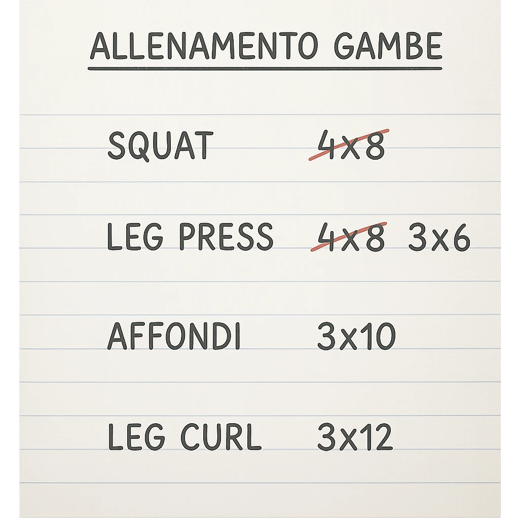 foglio di carta con scheda di allenamento gambe in italiano con volume di allenamento ridotto (fai alcuni esercizi con 4x8 scritti in precedenza sbarrati in rosso e la correzione accanto tipo 3x6), scrivila al meglio che puoi emoji