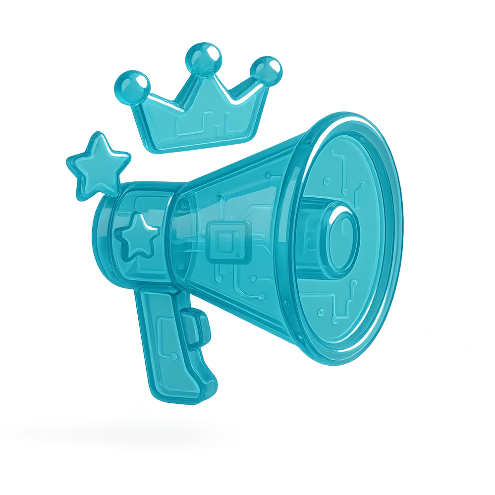 Icon of a stylized megaphone with a crown and stars, flat design, cyan blue emoji