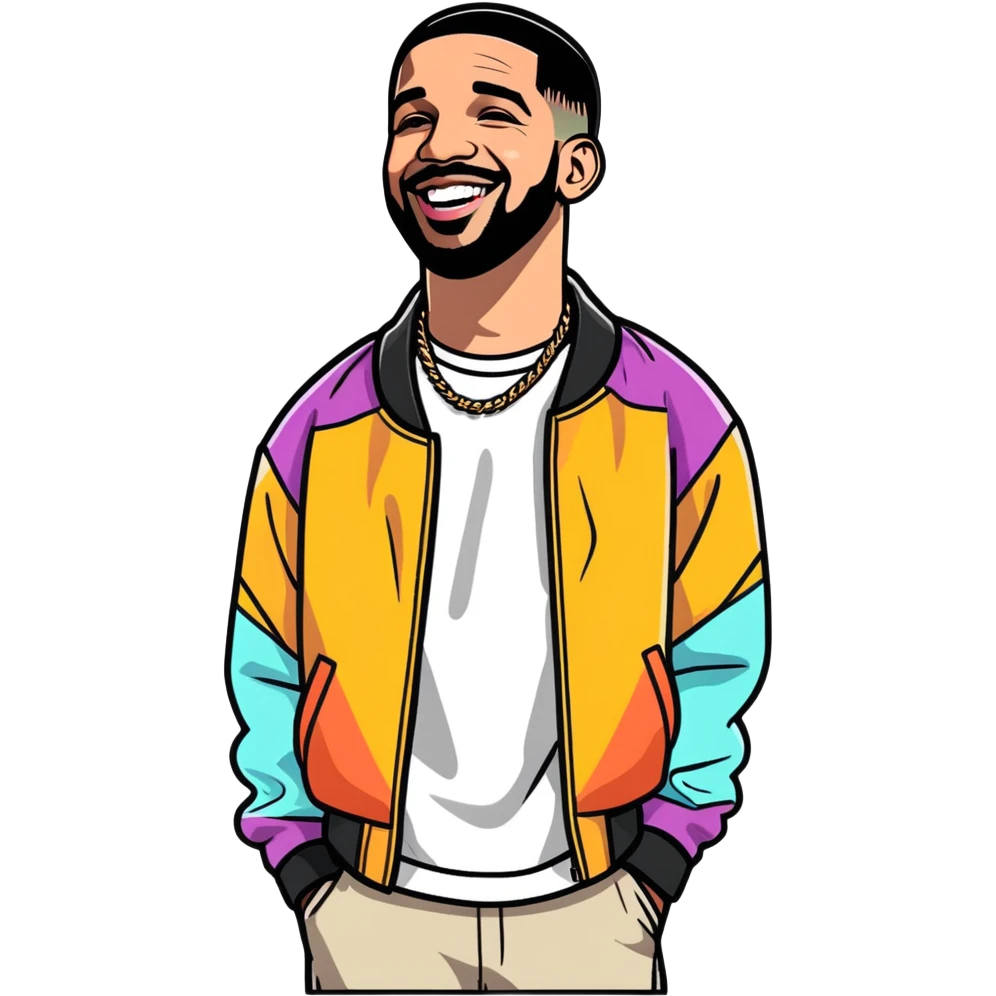 Toronto celebrity, musician, rapper drake 2025 illustration, sticker design. must be ultra hyperrealistic, mirco-detailed, flat layout. Colorful, happy features. Full view. Life-like.
 Must be 8k hd, 8000x8000px resolution. Must use very thin transparent smooth lines, around the illustration  emoji