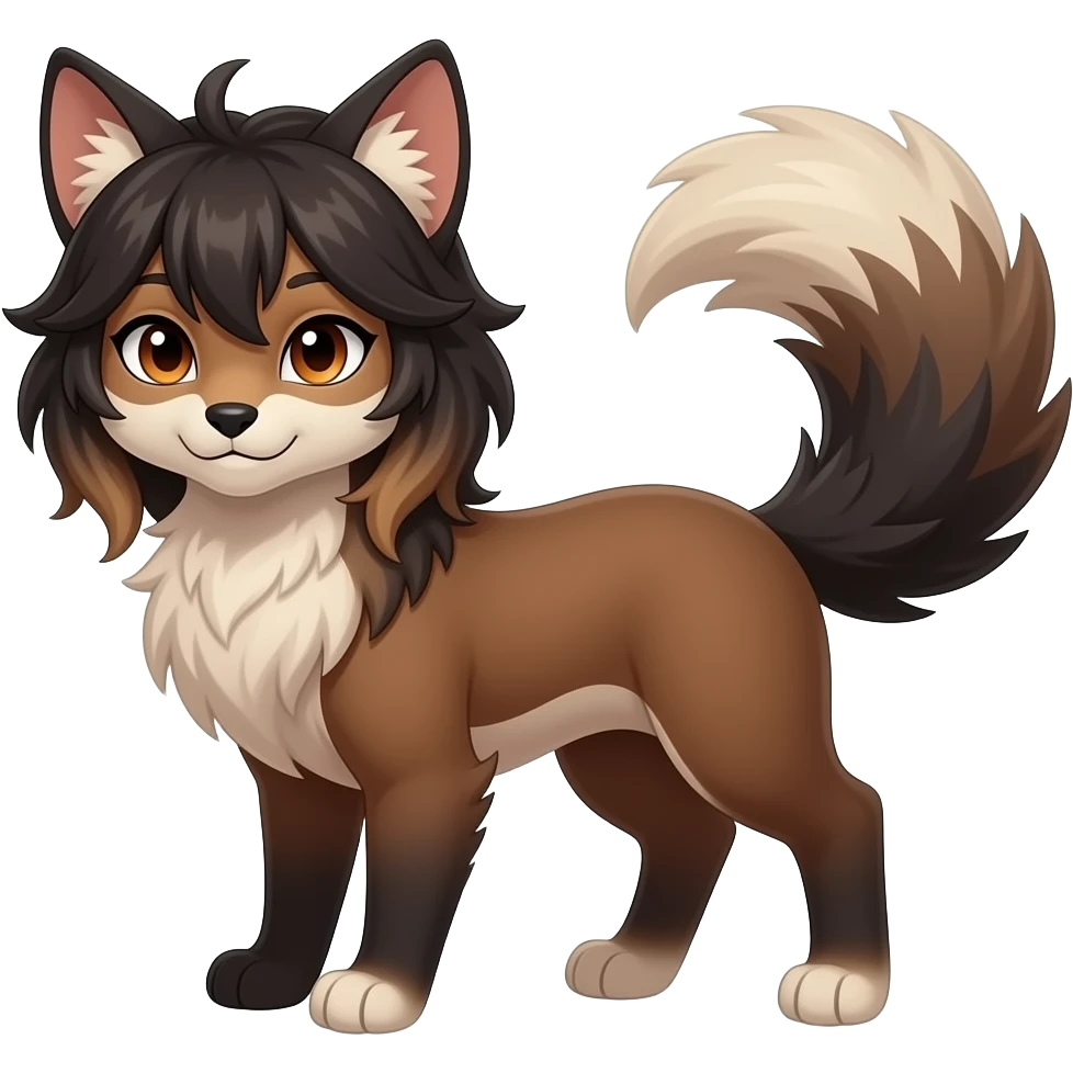 Brown and beige badass elegant wild beautiful natural cute badass epic exotic anthro modern furry 2-legged sergal-vernid-creature, full body, dark-brown-black-gradient pretty hair, with a long tufted tail, beautiful hazel-orange eyes, aesthetic, art by LiLaiRa, art by art by Falvie emoji