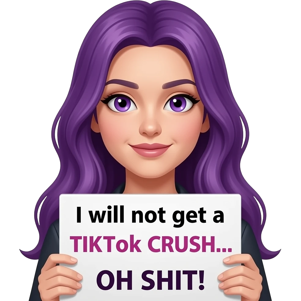 sexy girl with long purple hair and purple eyes holding a I will not get a TIK TOK CRUSH... OH SHIT! sign emoji