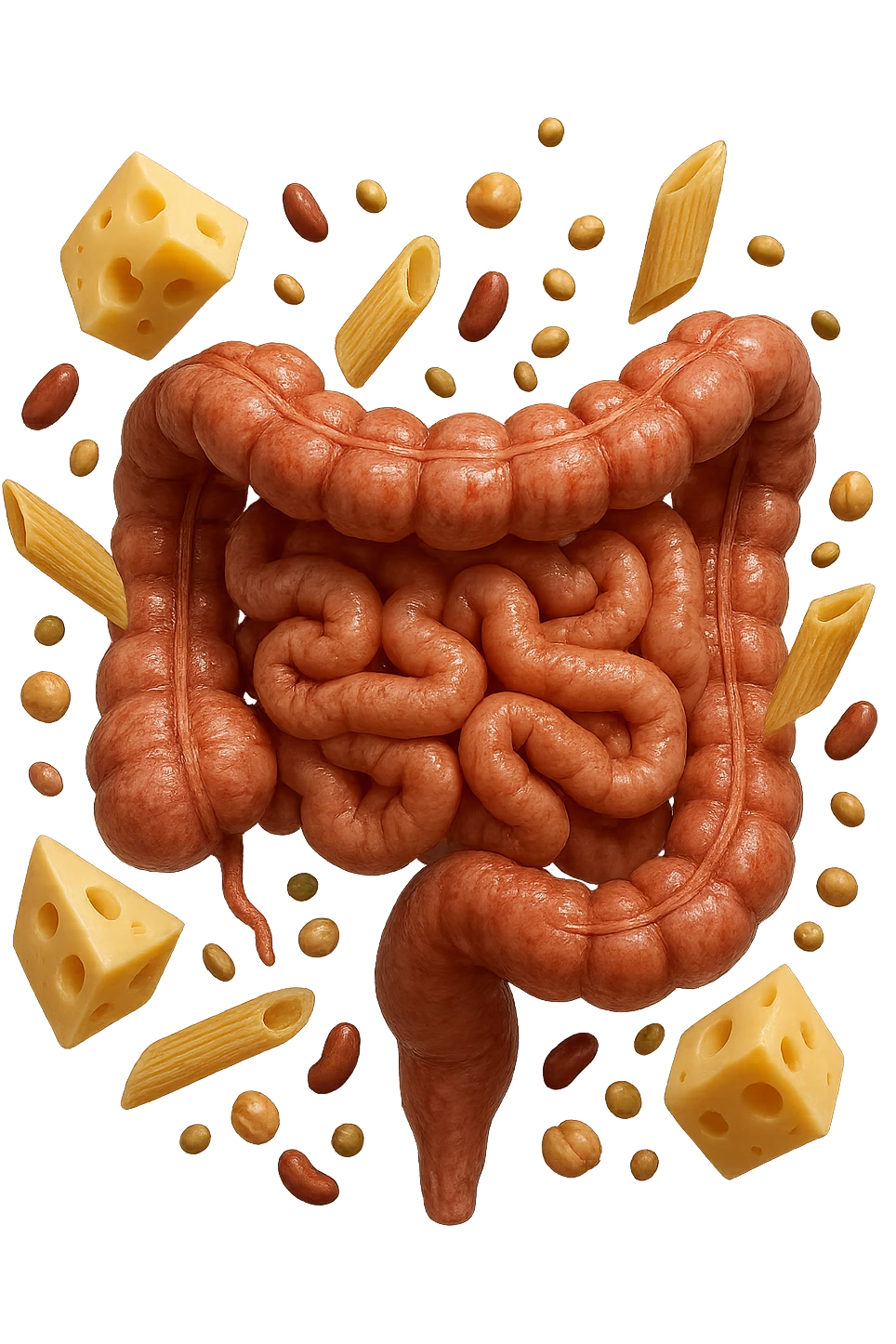 PEZZETTI DI EMMENTAL, PENNE DI PASTA RIGATE E LEGUMI FLUTTUANO INTORNO AD UN INTESTINO UMANO ANATOMICO REALISTICO, iperrealistico 4k emoji