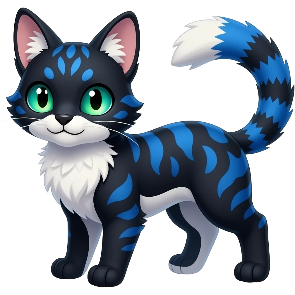 Colorful dark tropical cobalt-blue, black, white fur, with green eyes, iridescent glorious divine exotic cute cool beautiful shiny beautiful fantasy-caracal-civet-genet-sergal-vernid-Cacomistle-Furret-civet-oncilla-animal-Fakémon-hybrid-fursona with pattern markings (full body) emoji