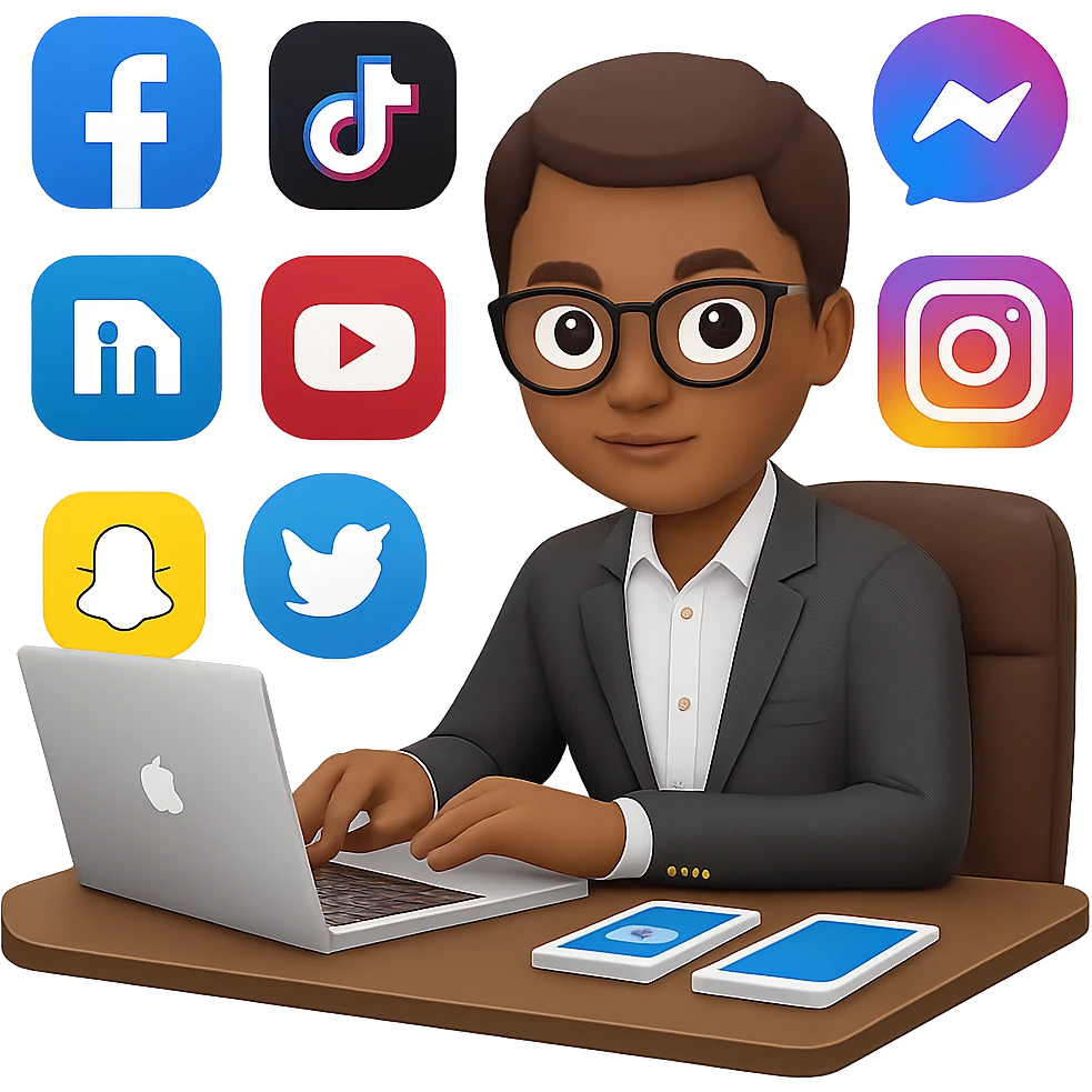 Add more social media icons around the person at a desk with laptop in the style of apple emojis, with no background. emoji