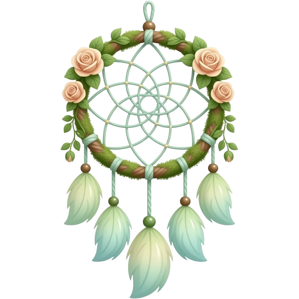 Hippie-like Cute dainty neat Pastel Green-white-brownish-beige-gradients thread-rope-hanging dreamcatcher, pastel colors, whitish, light, green academia aesthetic, mossy, with green vines and beige roses, Cottagecore, Princesscore, shiny glistening, vintage emoji