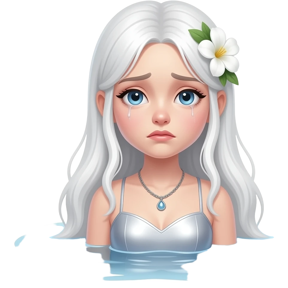 River Rusalka where a girl drowning with whiete hair and silver dress with a sad face and a whiete flower on her hair emoji