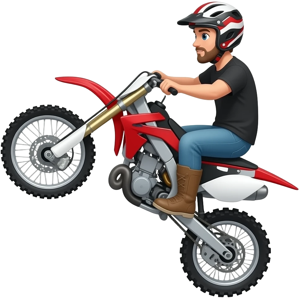Man doing wheelie on red black & white offroad motorcycle no centre stand and no beard with helmet on emoji