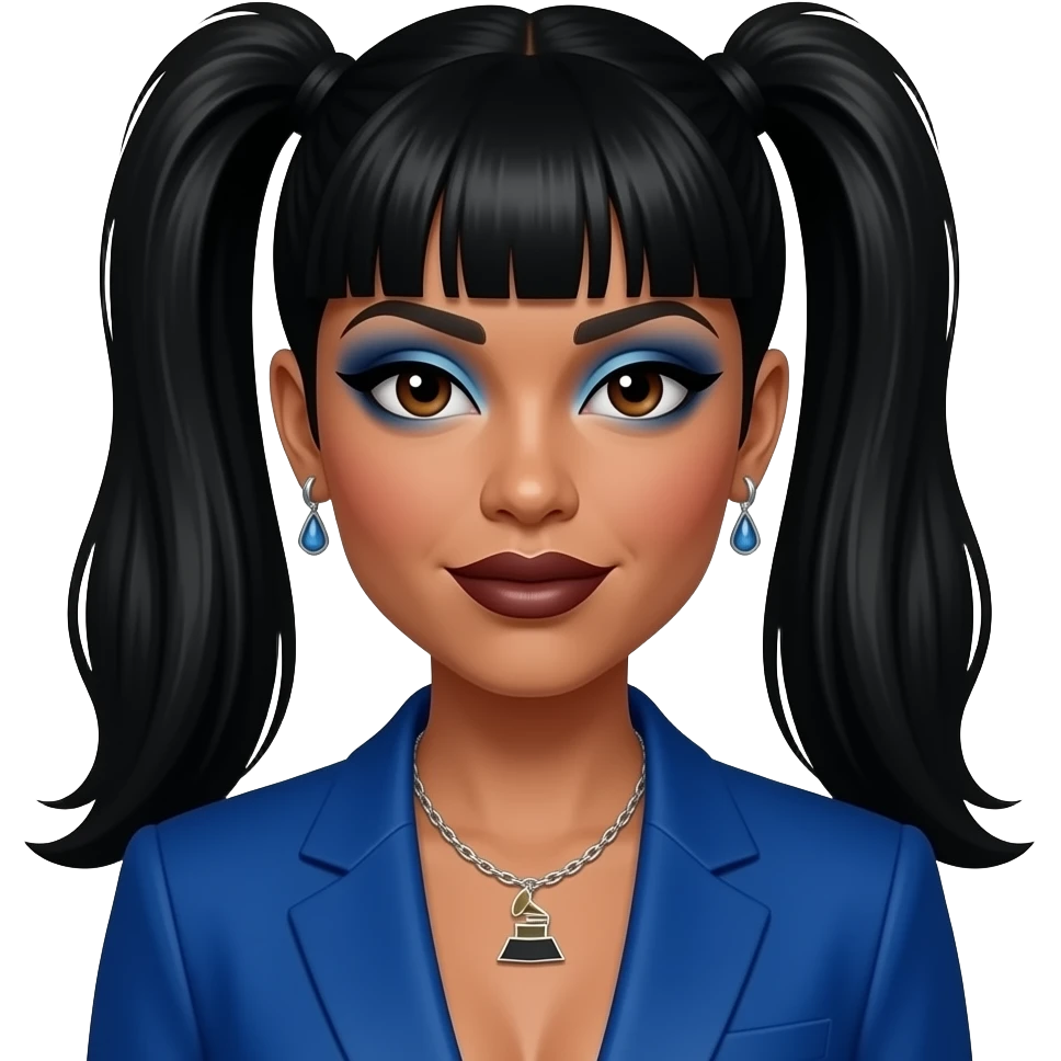 Lisa Left Eye Lopes from TLC with brown eyes, black two high ponytail hair with bang, blue eyeshadow, dark brown lipstick, blue grammy suit jacket, necklace and earrings emoji