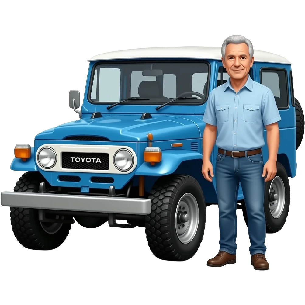 Change hair to balding   Toyota fj40 Land Cruiser emoji style with balding grey hair man with clean shaven face wearing jeans and short sleeve shirt standing next to blue fj40 emoji