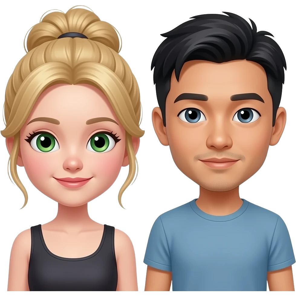 Blond girl with tied up hair and green eyes and asian guy with short hair and a little bit of facial hair emoji