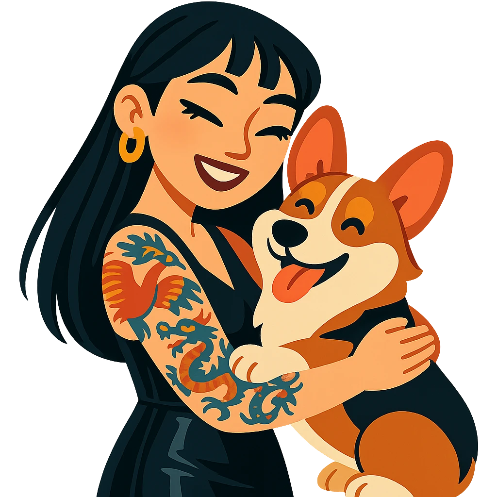 Asian girl with long hair and wispy bangs, black leather dress, gold earrings, subtle false lashes, 3/4 sleeve tattoo with phoenix and dragon on left arm, hugging joyful red head tri-color corgi emoji