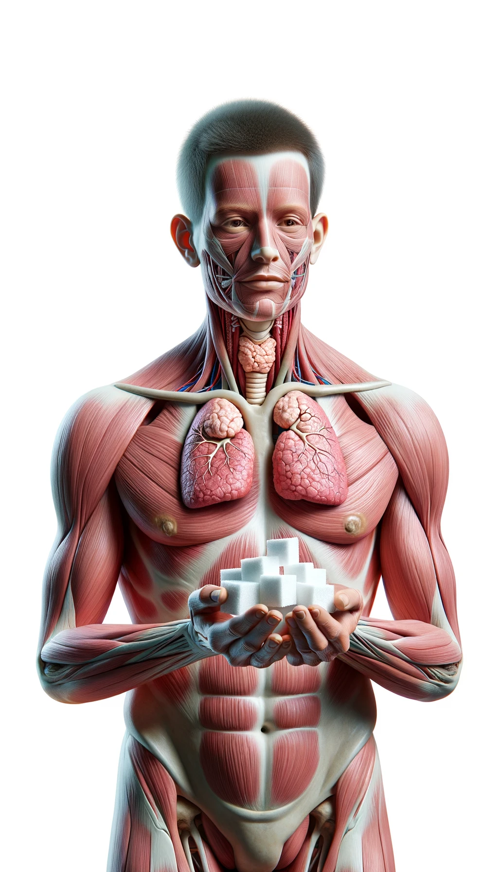 corpo umano anatomico con capelli corti a figura intera fino alle ginocchia, tiroide infiammata in evidenza, tiene in mano una manciata di zollette di zucchero, iperrealistica 4k, isolato su sfondo bianco emoji