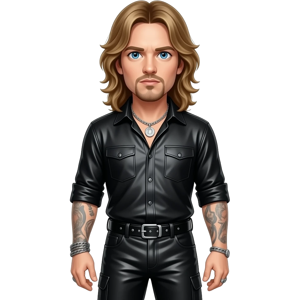 James Hetfield with blue eyes, long golden brown hair, black metallic shirt, black metallic baggy pants, silver necklace emoji