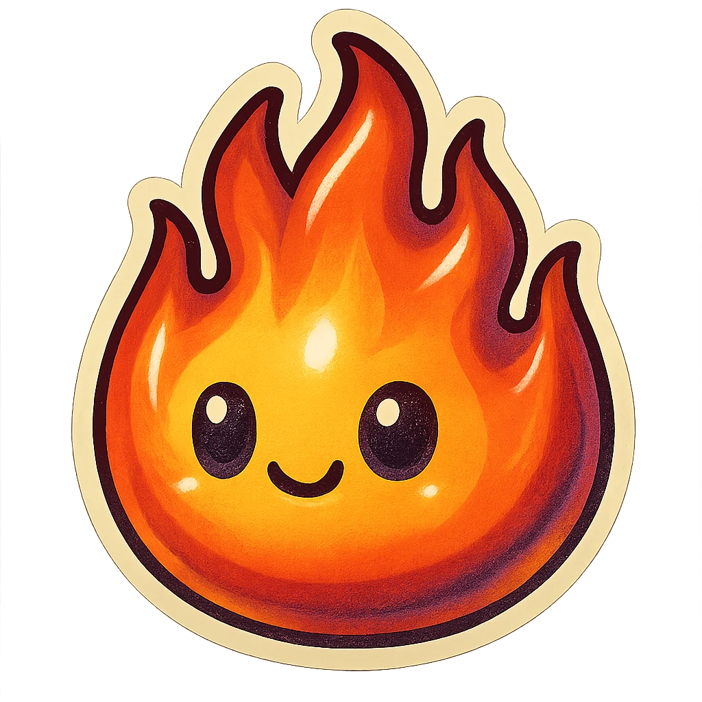 retro sticker style drawing of a cute, vibrant flame with thick outlines, dramatic shadows, shiny highlights, lively and dimensional flame emoji
