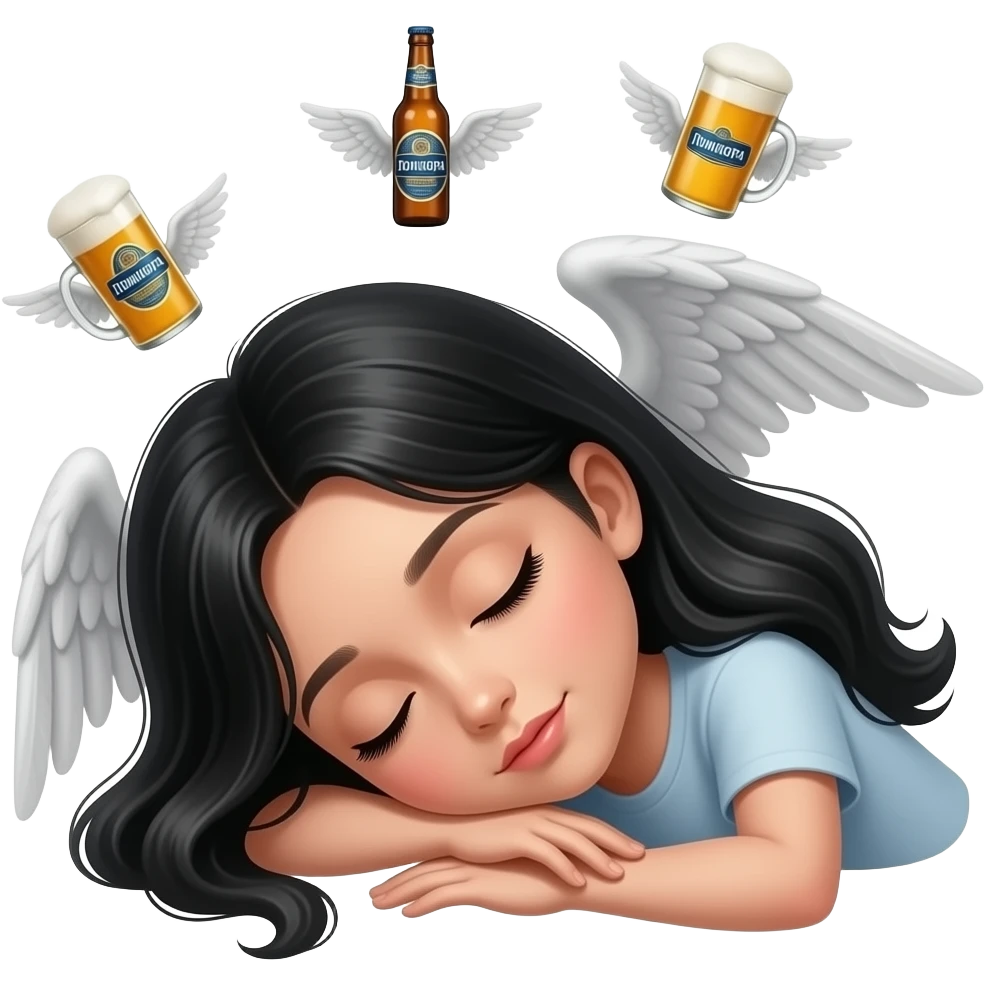 Спит девушка с черными волосами а ей снится летающее пиво с этикеткой помилора с крыльями которое летает вокруг нее emoji