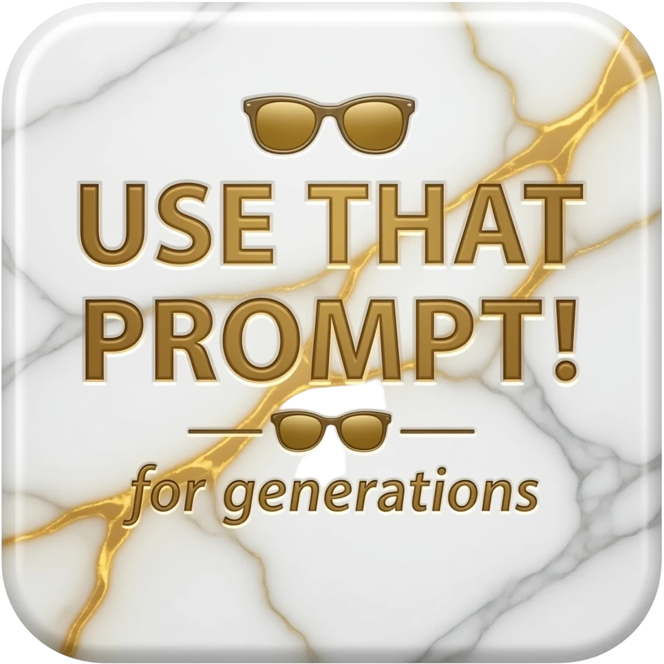 A luxurious uppercase text 'USE THAT PROMPT!' small size text and sunglasses emoji 'for generations' crafted from polished white Carrara marble with deep veins of more glowing liquid gold flowing through it. High-end jewelry aesthetic, soft studio lighting, elegant and Luxurious Marble Letter. emoji