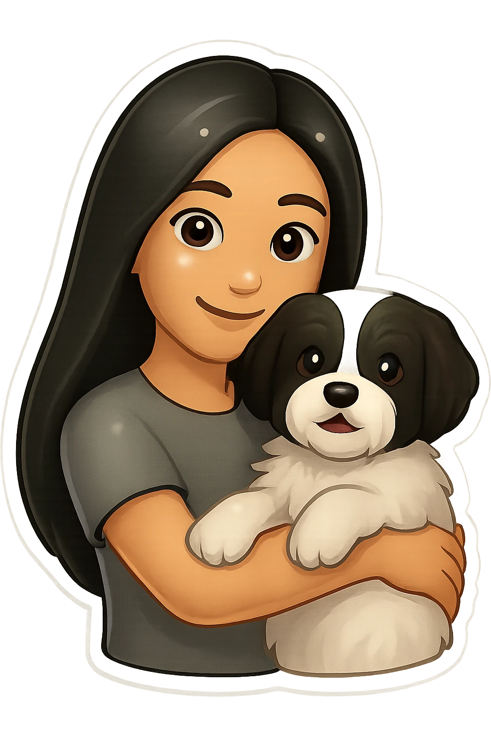 Replace the cat with the black and white dog from the first image, keeping the same cartoon emoji style and pose. The woman should still be holding the pet in her arms, but now it is the dog instead of the cat. emoji