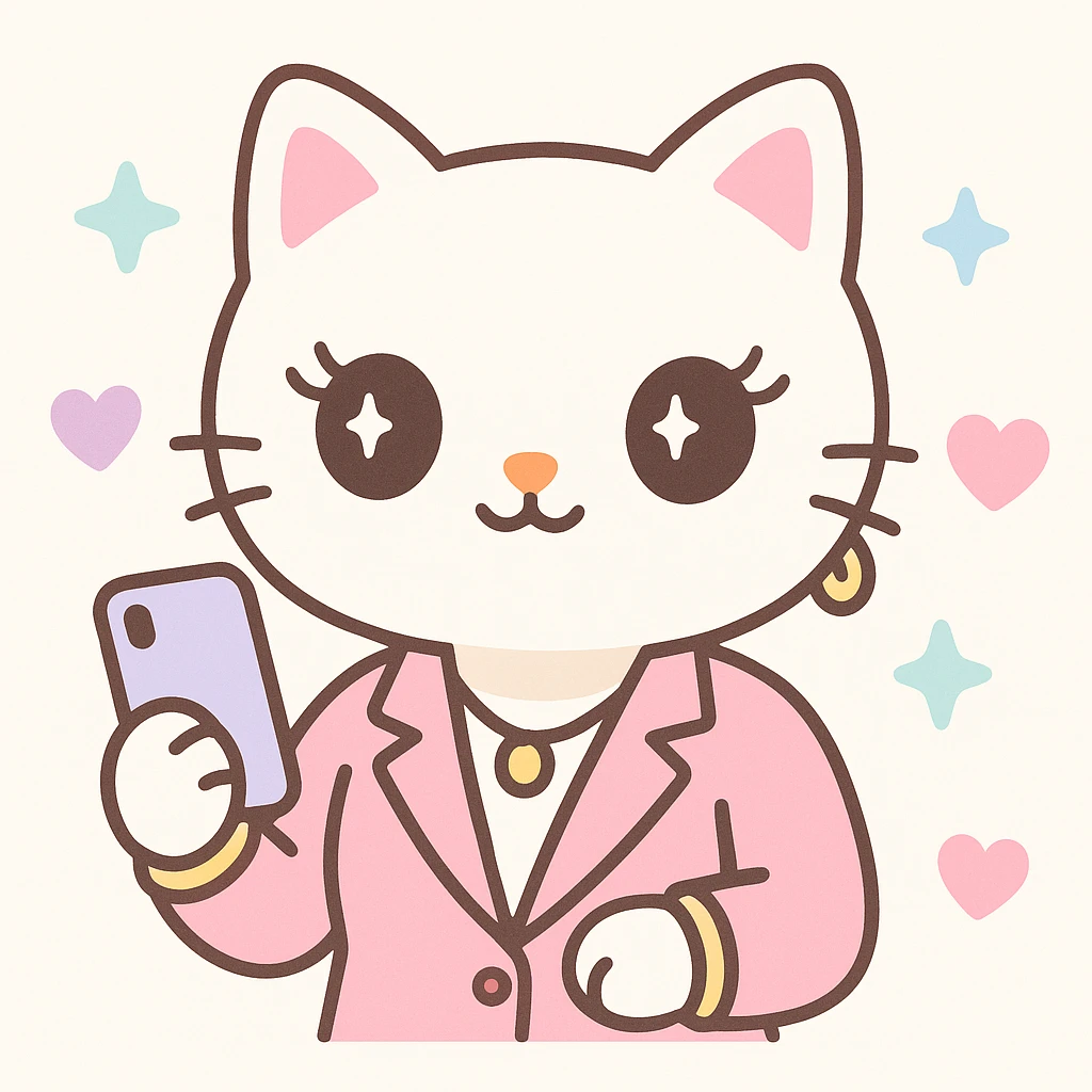 stylish corporate cat with long eyelashes, pink blazer, gold jewelry, holding a phone, surrounded by hearts and stars, Hello Kitty inspired, kawaii style emoji