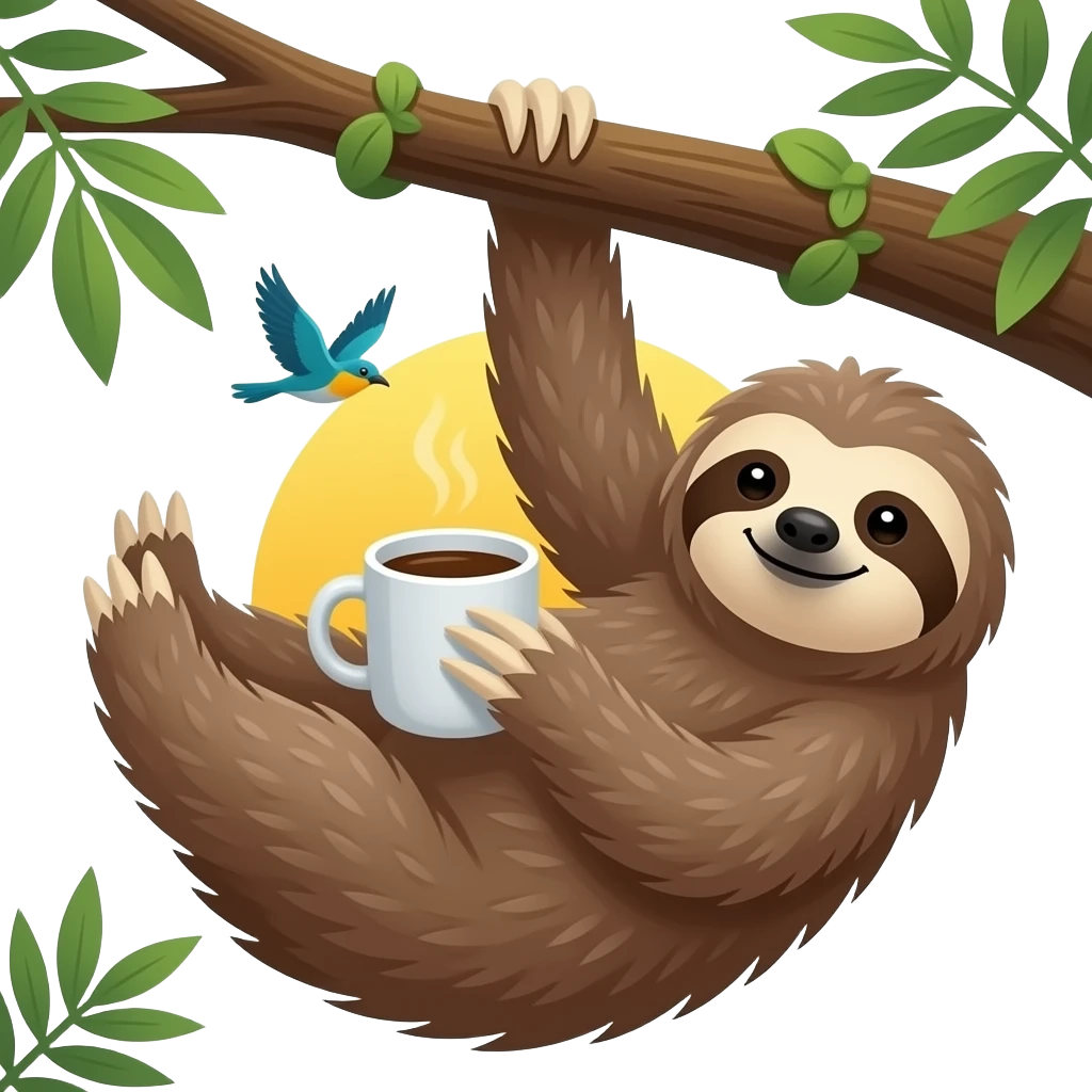 sloth tree morning coffee hanging sunrise jungle birds emoji