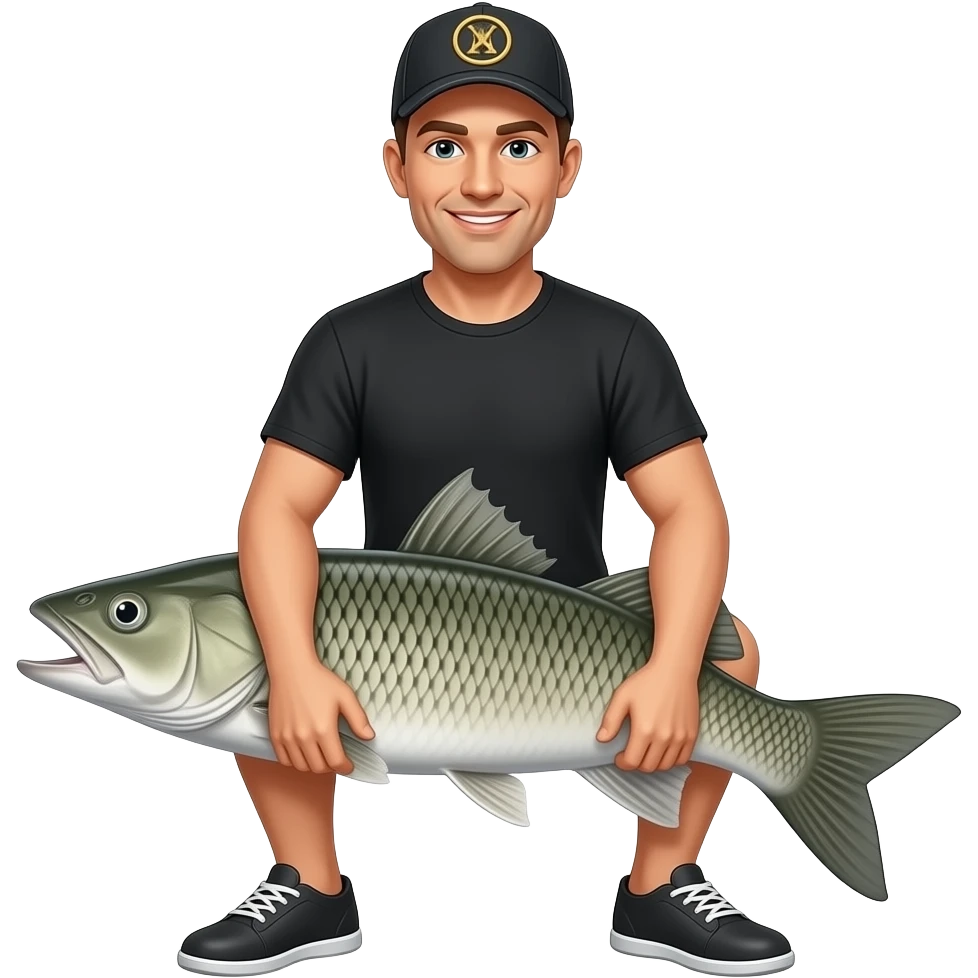 a guy with a black t shirt and hat on holding a fish between his legs emoji