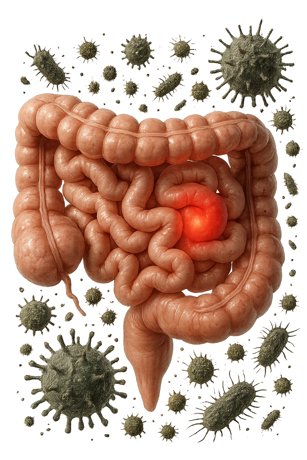 intestino anatomico realistico con red spot di infiammazione CON VARIE PARTICELLE TOSSICHE CHE CERCANO DI ATTACCARLO, IPERREALISTICO 4K emoji