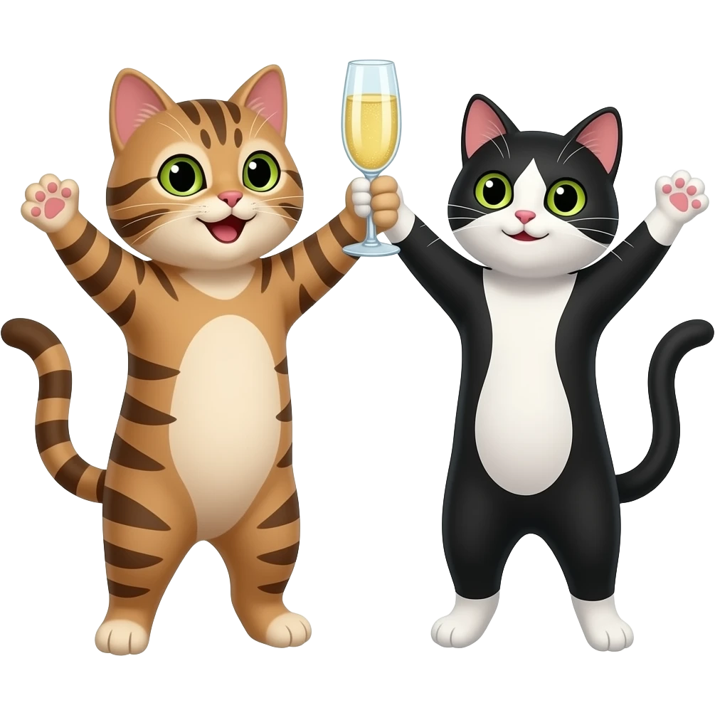 make a kitty couple, one kitty brown with stripes (boy cat) and the other kitty black and white (girl cat) cheering with a glass of champagne emoji