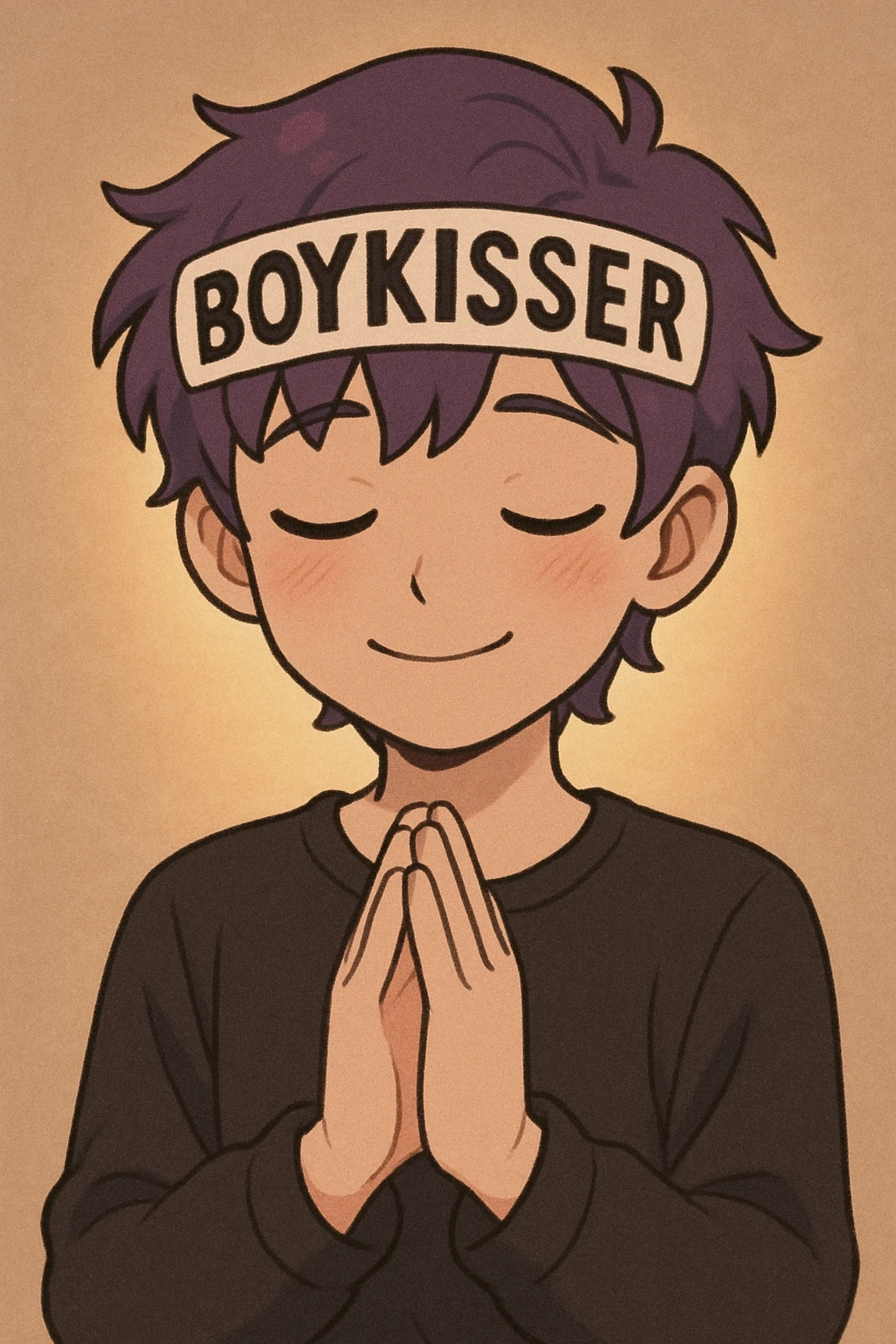 boykisser character standing, hands clasped in prayer, eyes closed, smiling emoji