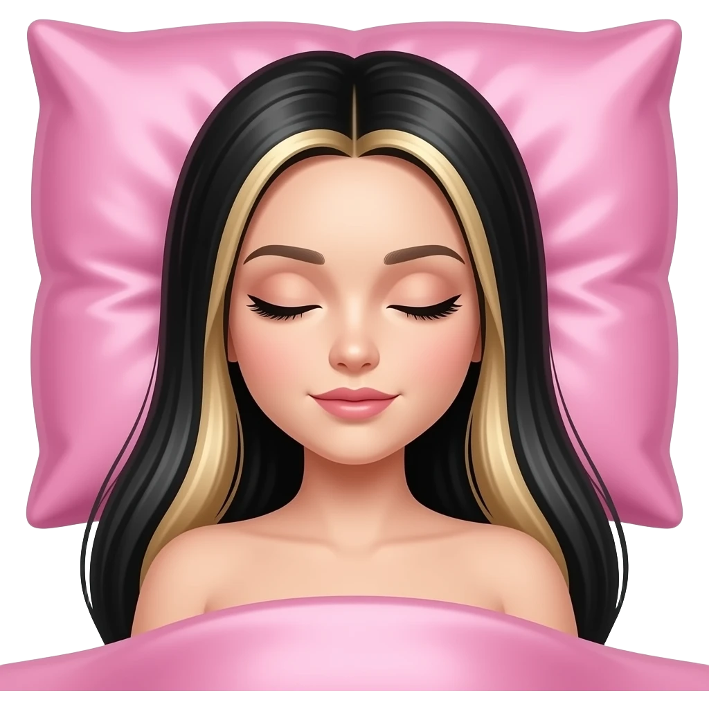 sleeping beauty white woman with long straight black and blonde hair with a pink silk pillow emoji