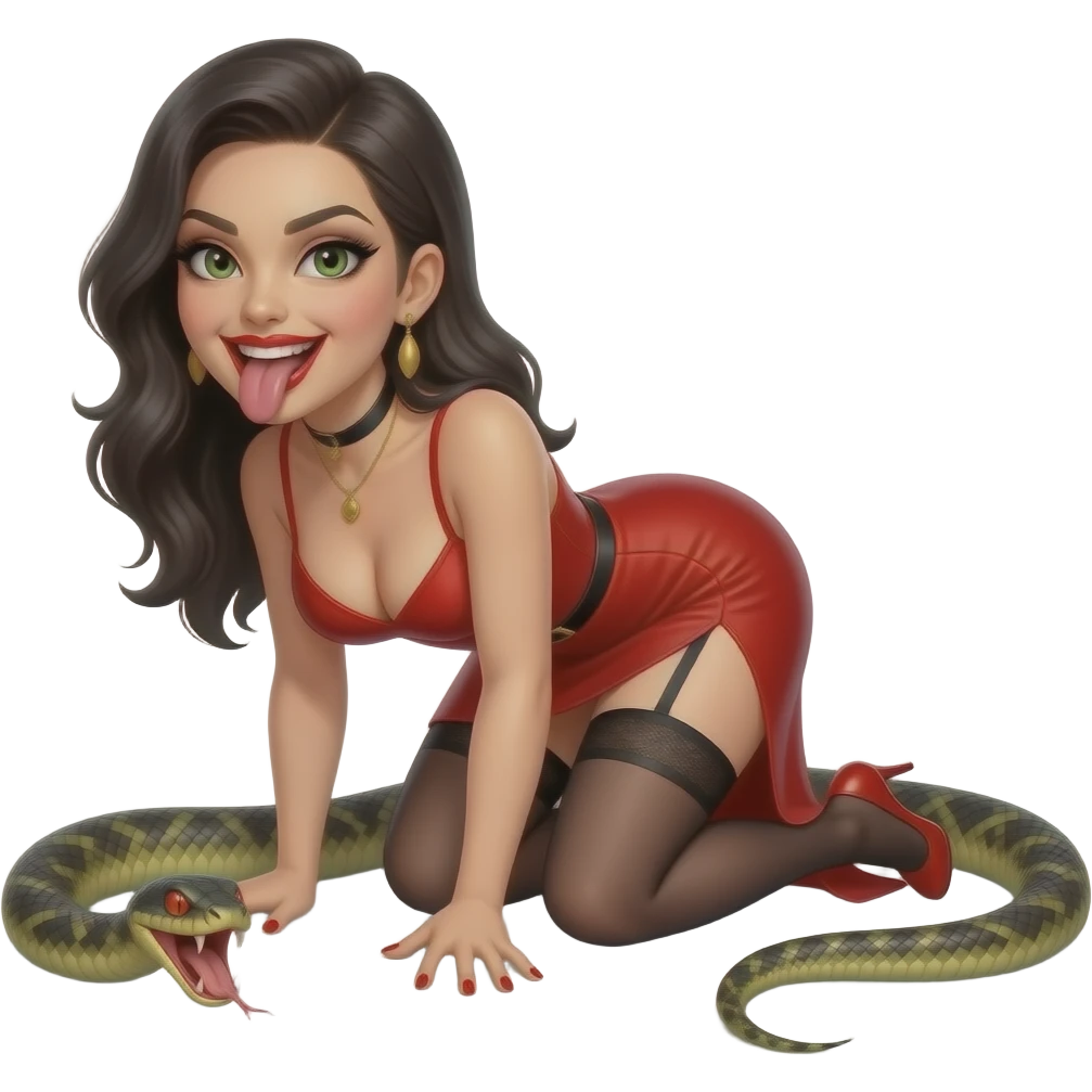 Prostitue with a snake tongue crawling around her body ,and reptilian eyes wearing red lipstick and has an evil smile lust. red sexy dress emoji
