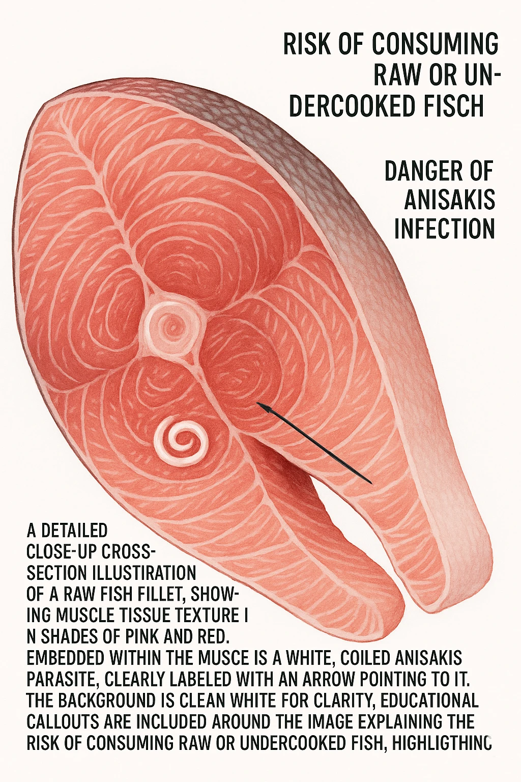 a close-up cross-section of a raw fish fillet, showing a white, coiled Anisakis parasite embedded in the muscle tissue. The parasite is clearly labeled, and the surrounding fish tissue is rendered in detail. The background is clean and white, with educational callouts explaining the risk of consuming raw or undercooked fish. emoji