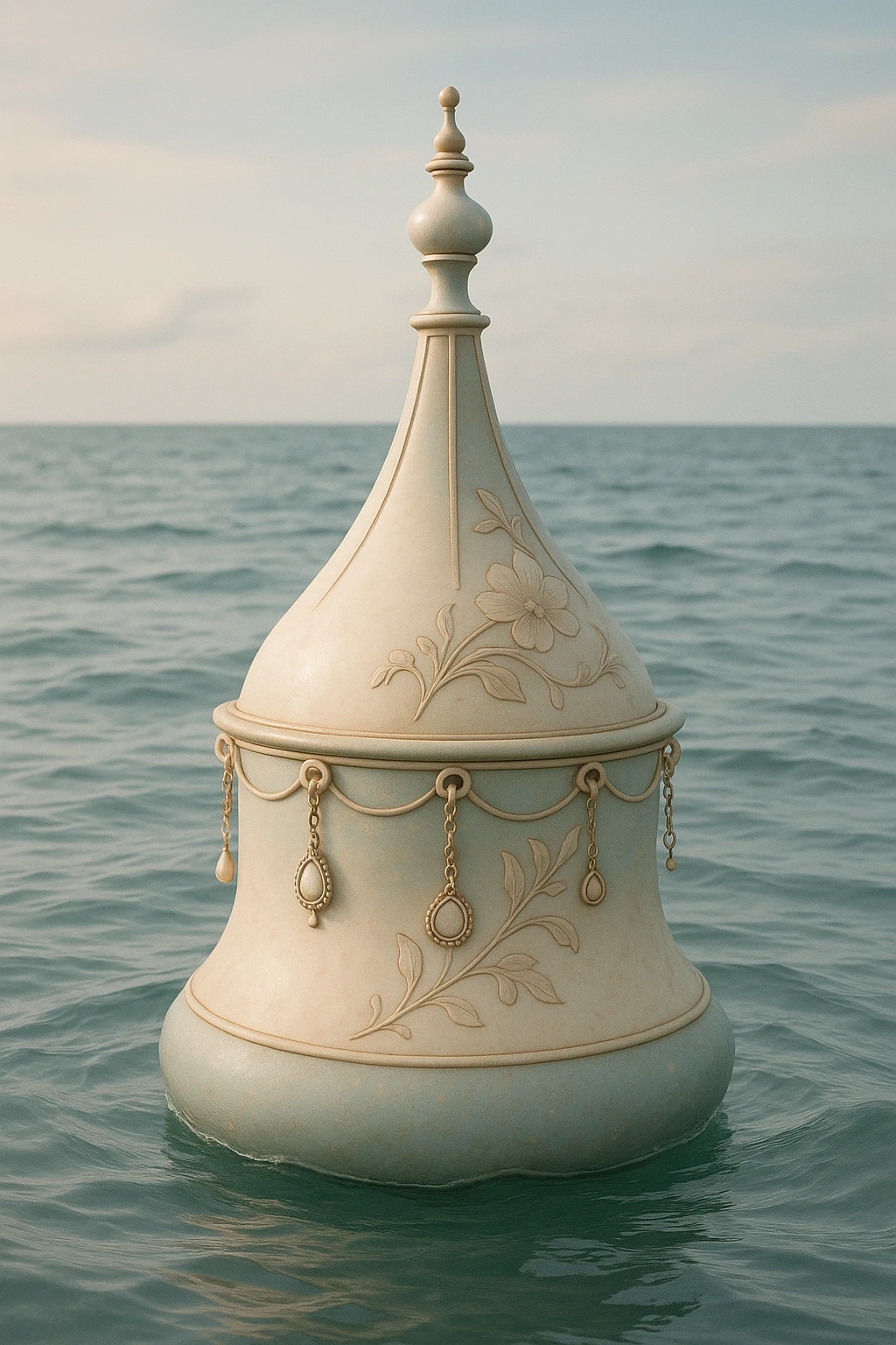 stylish buoy in the ocean, decorated with pendants, gentle feminine details, sophisticated and realistic, not childish emoji