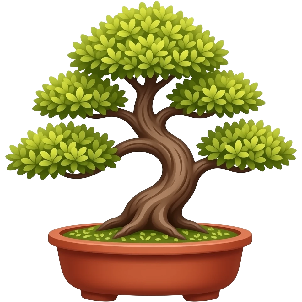 (Sharimiki) A short bonsai  horizontal in a short red clay vase, brown and yellow leaves. Flat SVG low poly style emoji