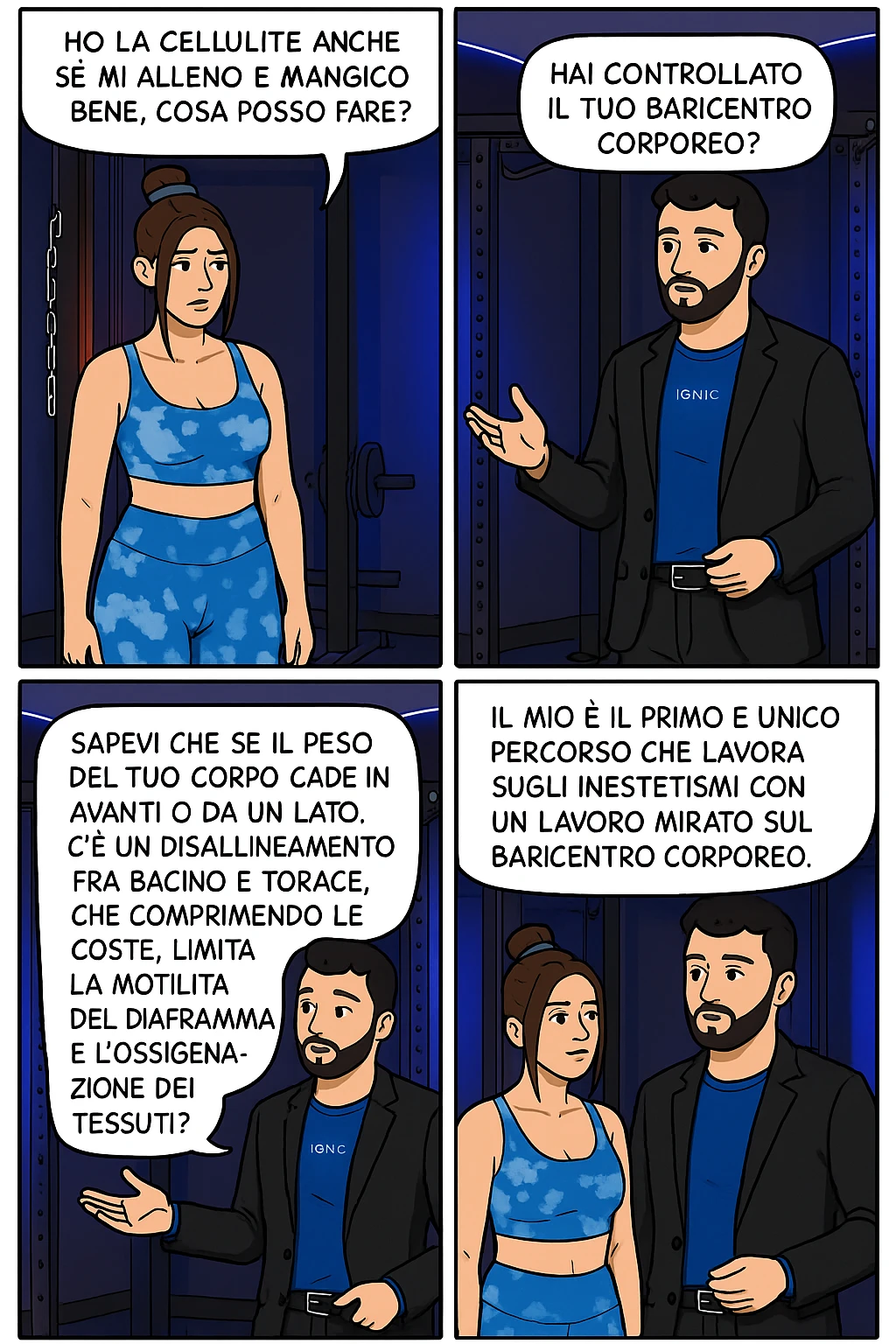 TRASFORMA QUESTO CAROSELLO IN UN FUMETTO CON QUESTE DUE PERSONE IDENTICHE CHE INTERLOQUISCONO TRA LORO:

LEI: Ho la cellulite anche se mi alleno e mangio bene, cosa posso fare?

LUI: Hai controllato il tuo baricentro corporeo?
LUI: Sapevi che se il peso del tuo corpo cade in avanti o da un lato, c’è un disallineamento fra bacino e torace, che comprimendo le coste, limita la motilità del diaframma e l’ossigenazione dei tessuti?
LUI: Il mio è il primo e unico percorso che lavora sugli inestetismi con un lavoro mirato sul baricentro corporeo. emoji
