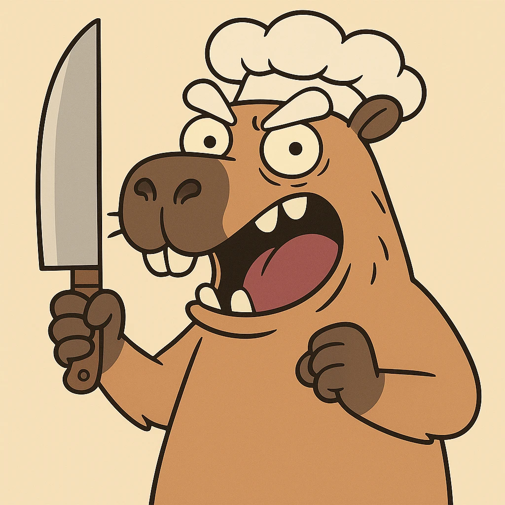 Add a chef hat to the funny cartoon capybara wielding a kitchen knife, preserving the exaggerated expression and humor. emoji