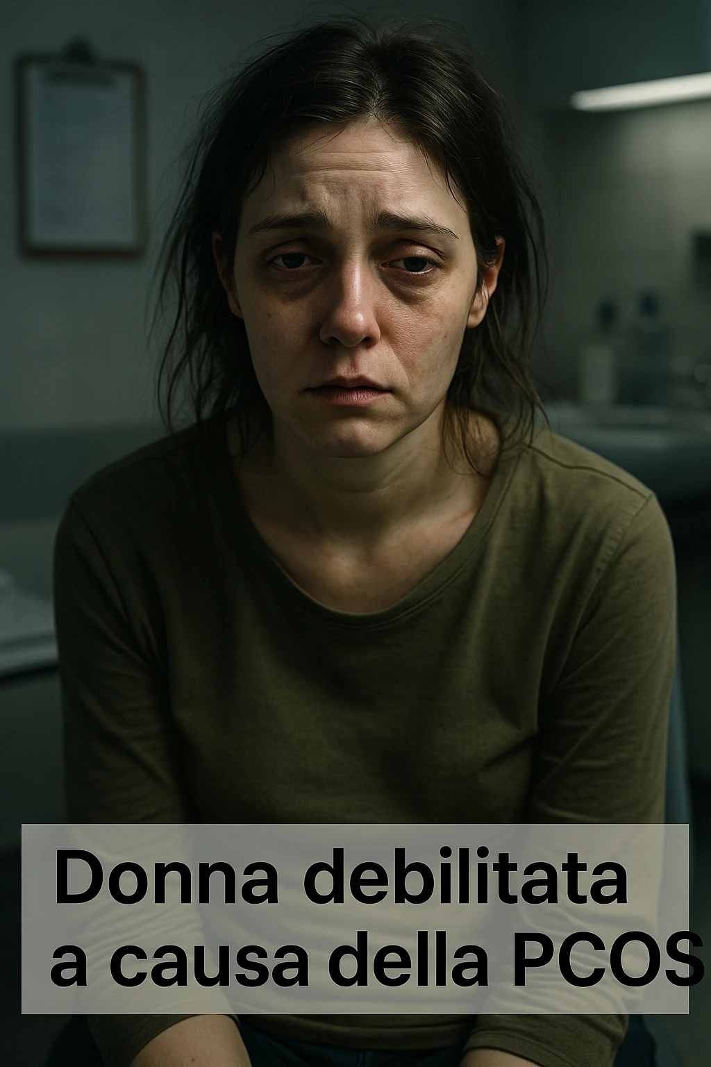 Donna debilitata a causa della PCOS, aspetto stanco e provato, segni visibili di malessere, atmosfera clinica, dettagli realistici, luci drammatiche, didascalie in italiano, verticale 2:3 emoji