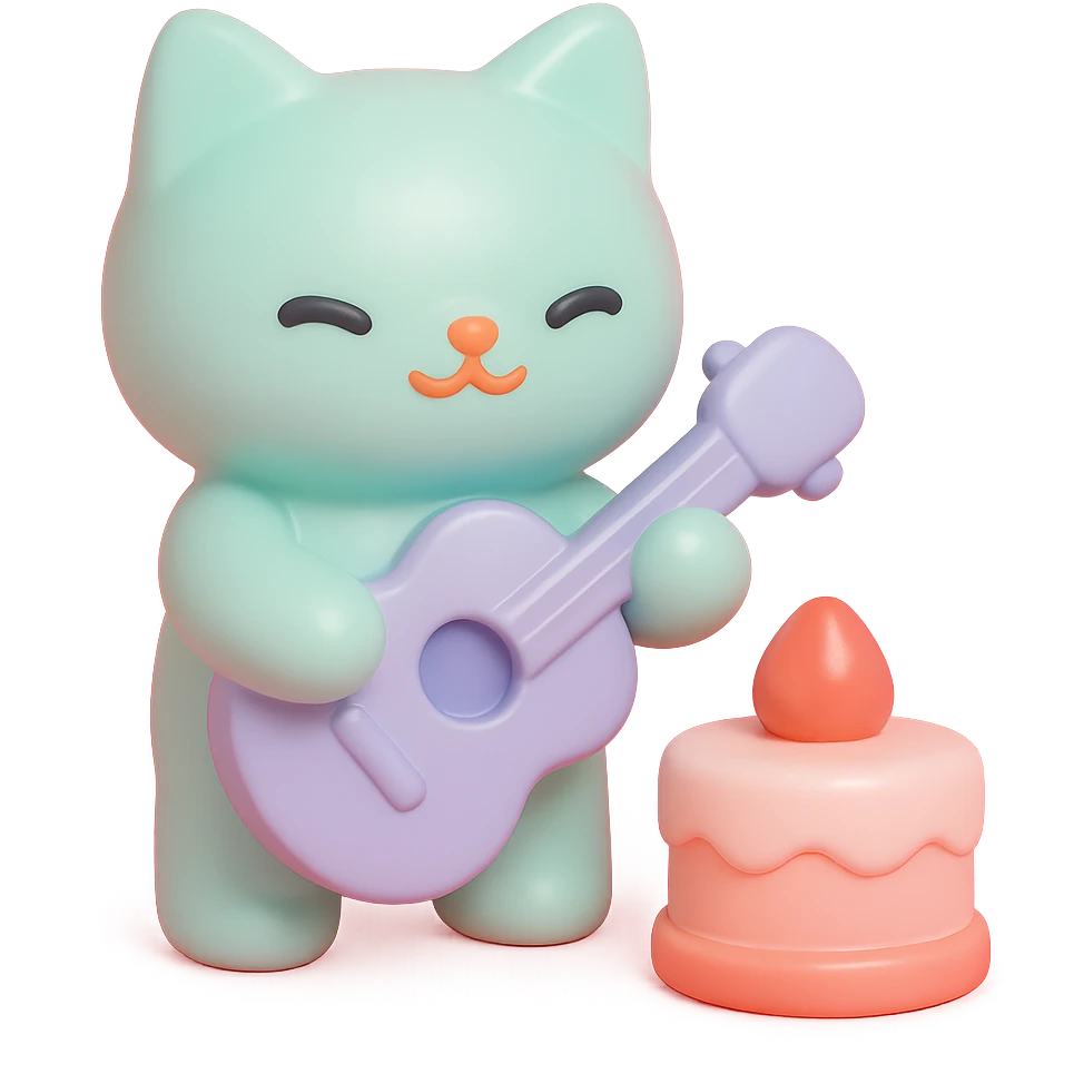 cat playing guitar next to a cake, vinyl figure style emoji