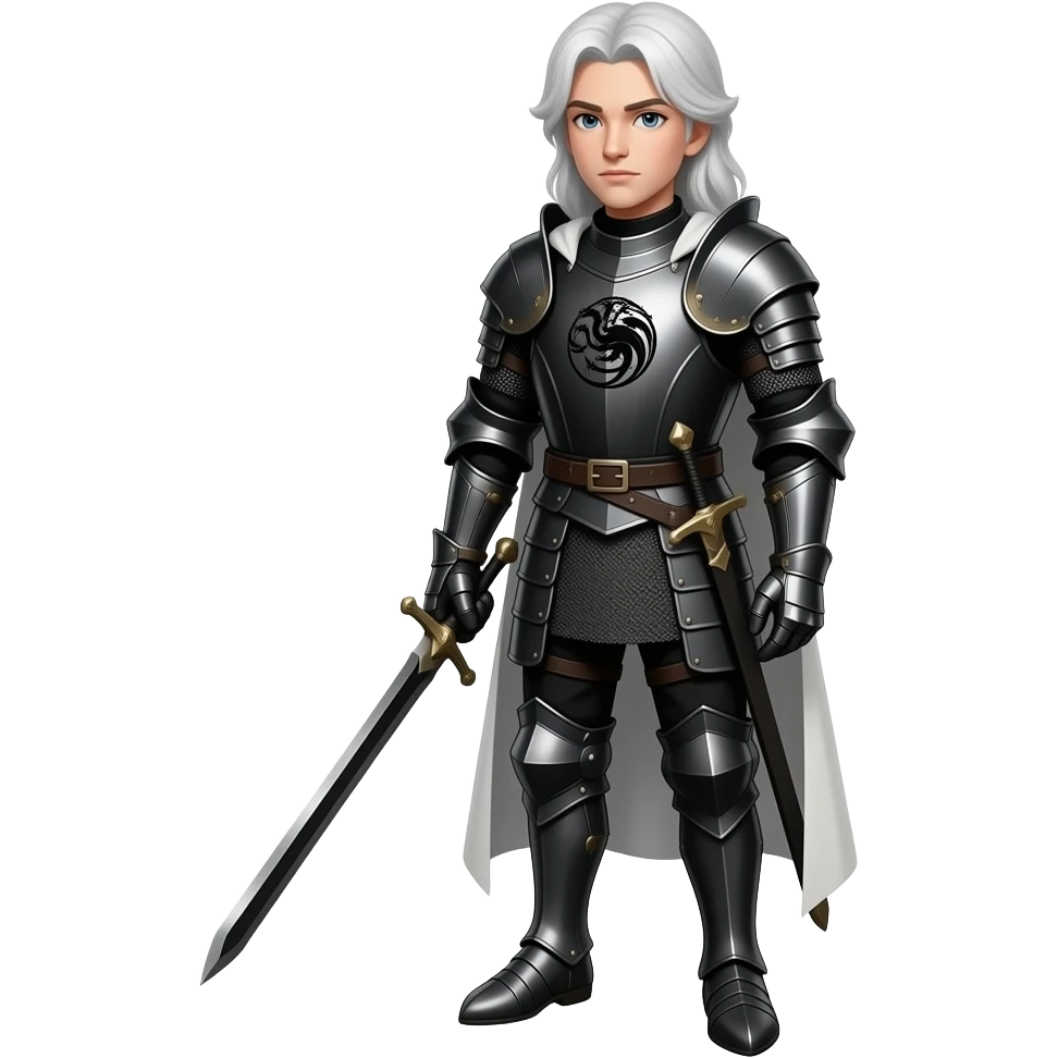 Згенеруй лцаря з білим, довгим волоссям, в чорних обладунках, на грудях герб таргаріенів однотонним чорним візерунком, він стоїть в повний зріст з чорним мечем, видно його обличчя, під кутом emoji