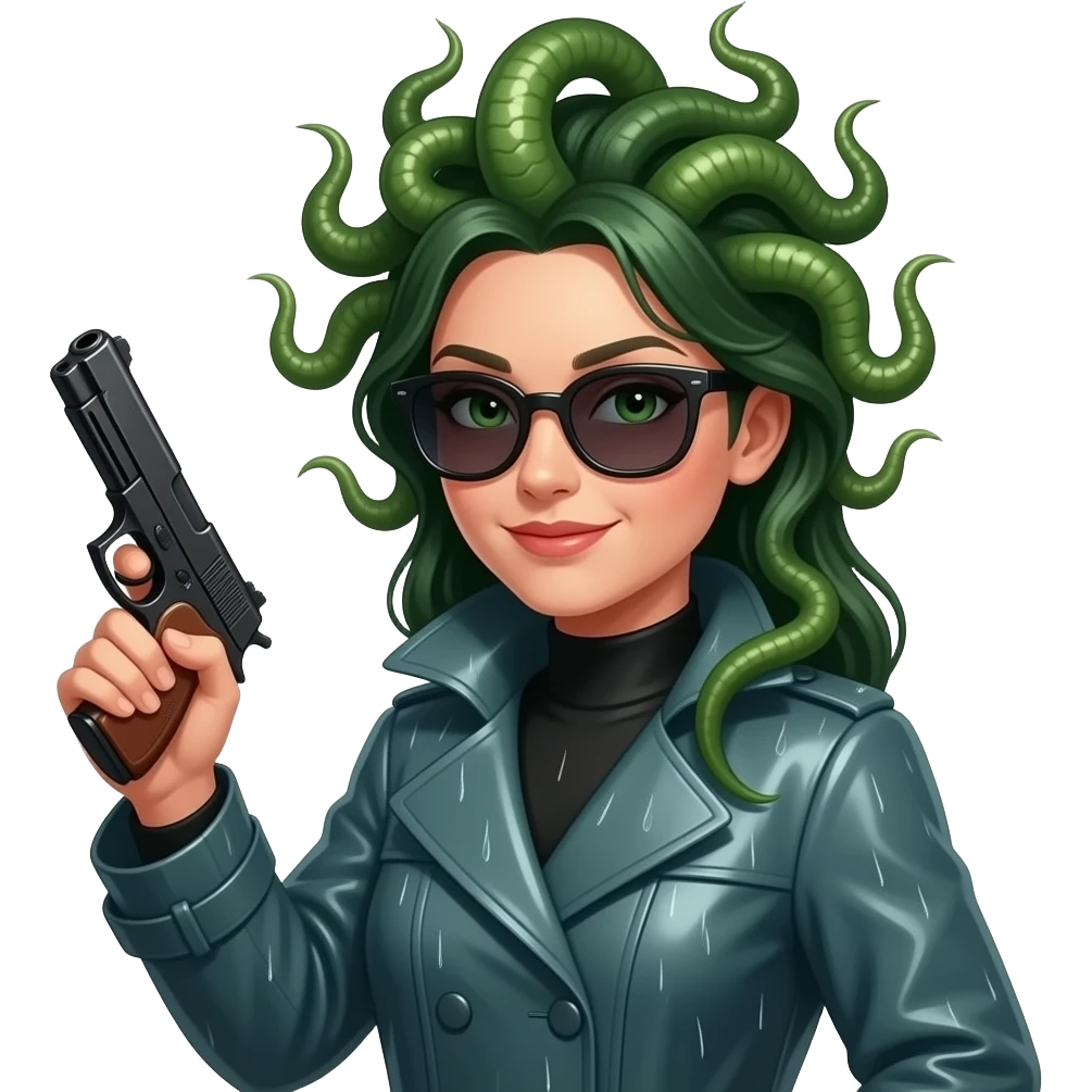 Flirty Beautiful Medusa in high-collared raincoat with sunglasses holding gun emoji
