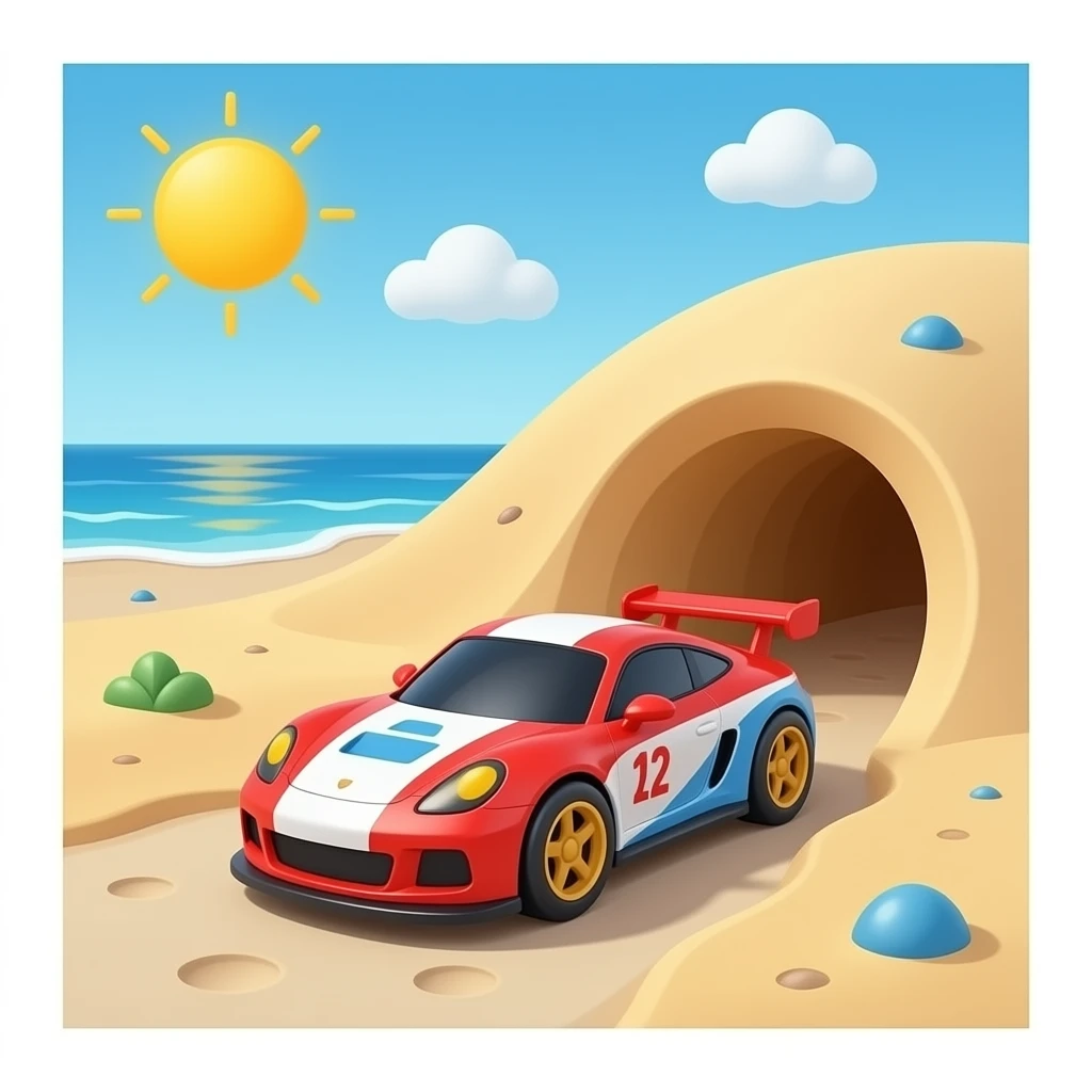 Create 2 toy race car at the beach with a tunnel of sand emoji