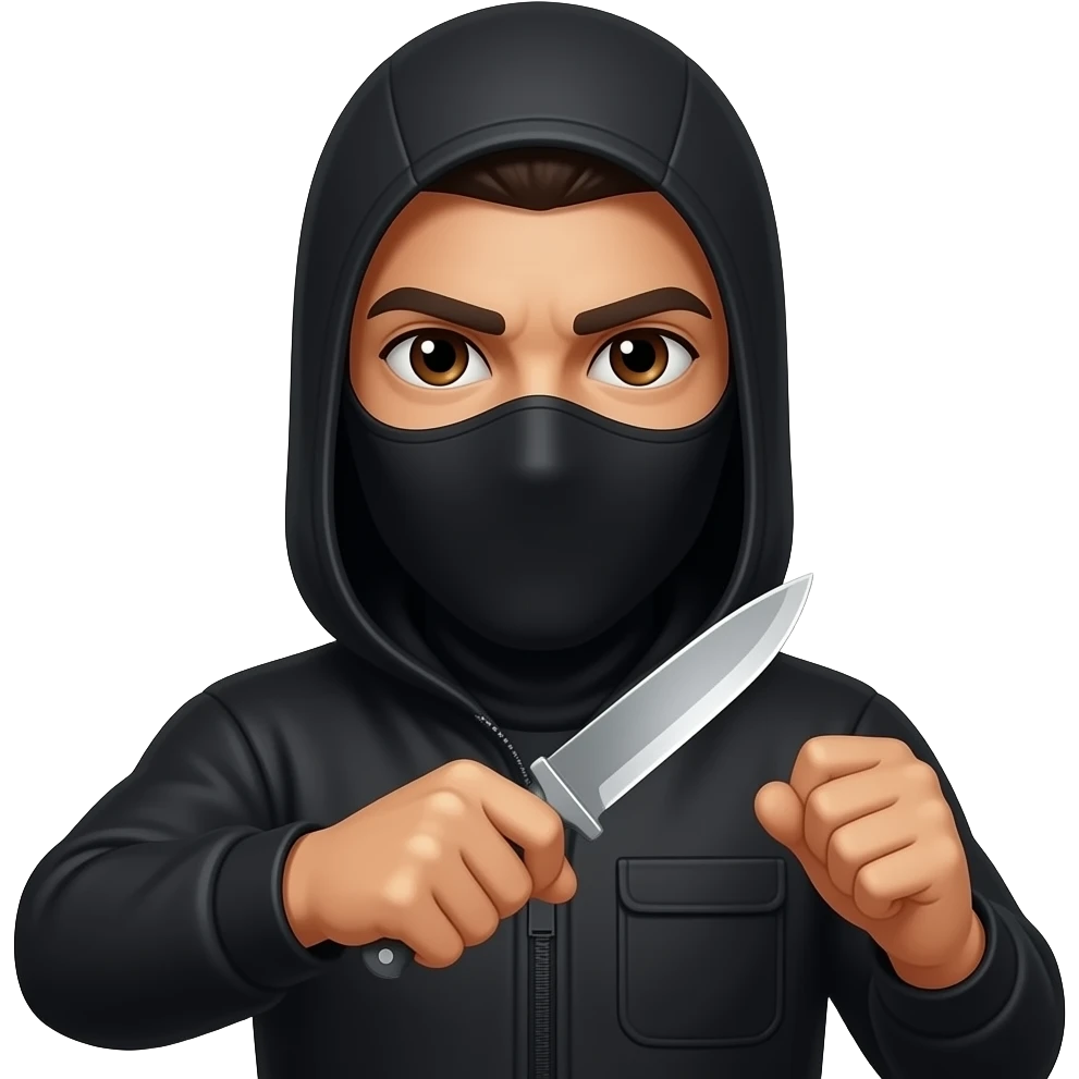 Spanish Man brown eyes wearing all black in balaclava with knife emoji