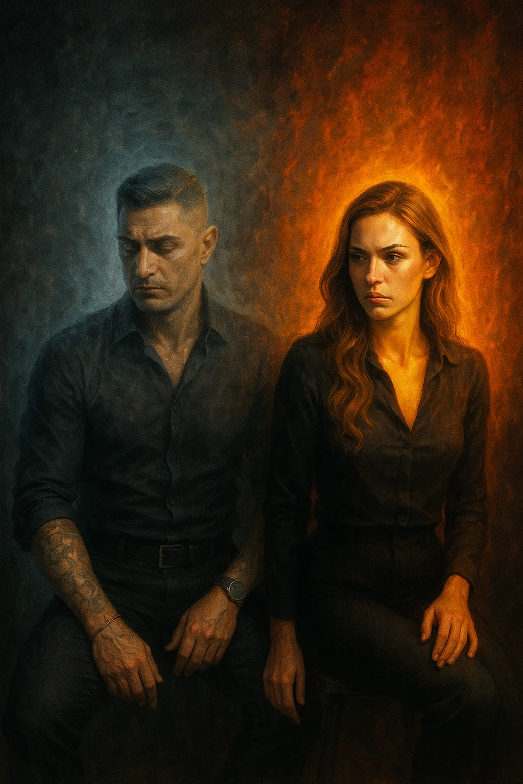 Man receiving advice from a woman, symbolically losing masculine energy, his aura fading while hers shines. Conceptual composition, two seated figures, emotional tension, abstract background." emoji