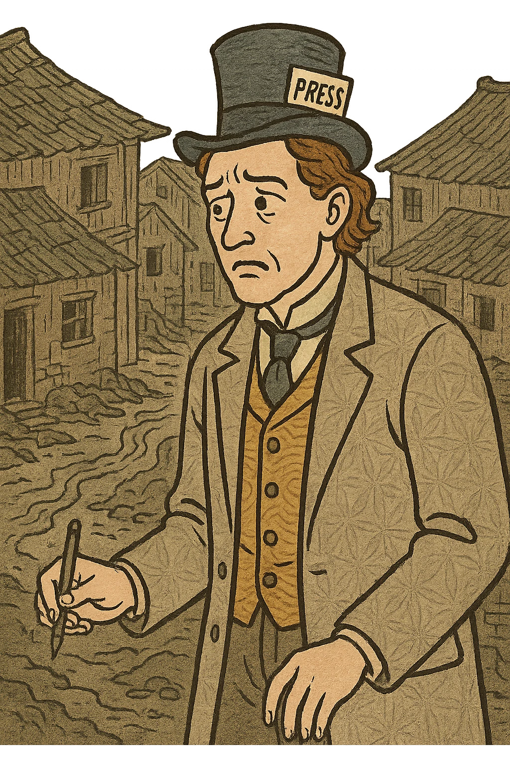 A victorian journalist looking concerned about the housing conditions in the slums emoji