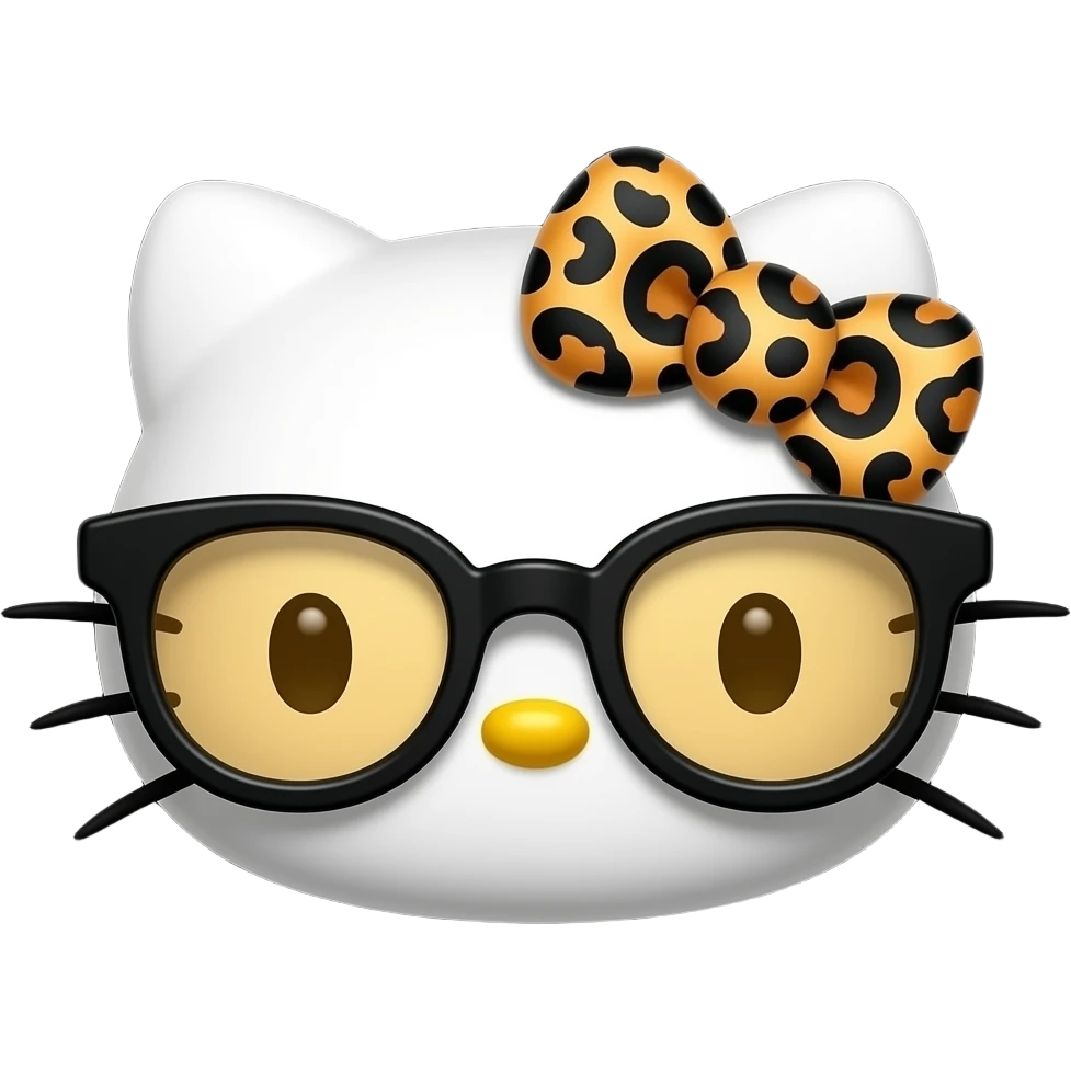 A minimalist Apple-style emoji of Hello Kitty's face. She has no mouth, small whiskers, a yellow nose, and is wearing thick-rimmed black glasses with amber lenses and a leopard print bow, centered on a solid black background emoji