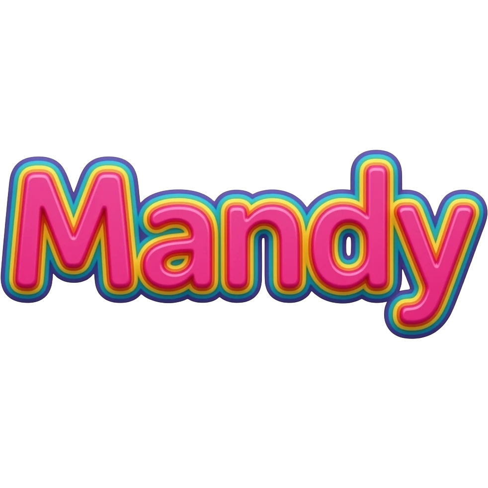name "mandy" in hot pink, 3D style typography lettering, each color of the rainbow as a border outlined around each letter, isolated, 3d rendering, no emoji icons no emoji faces and must have no human figures emoji