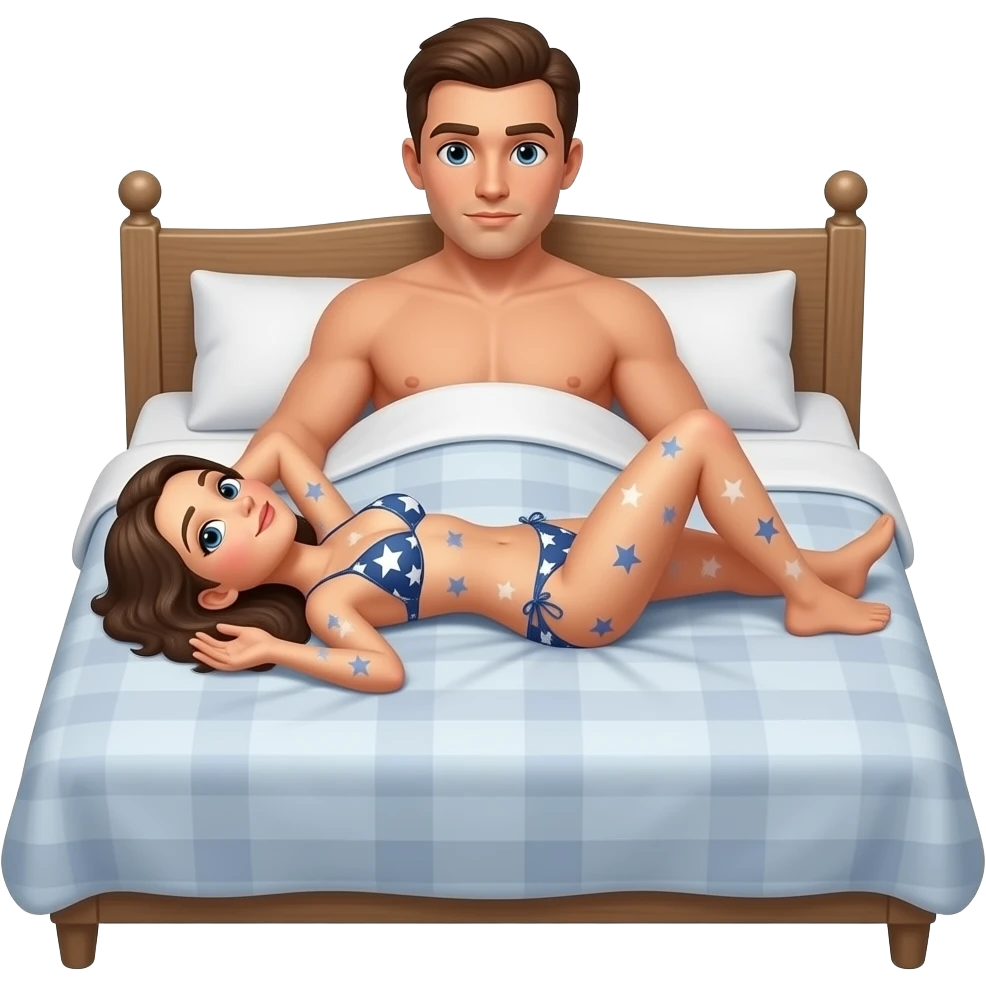 Une femme en bikini allongé sur le dos dans un lit double avec le corps en étoile et un homme nue sur elle emoji