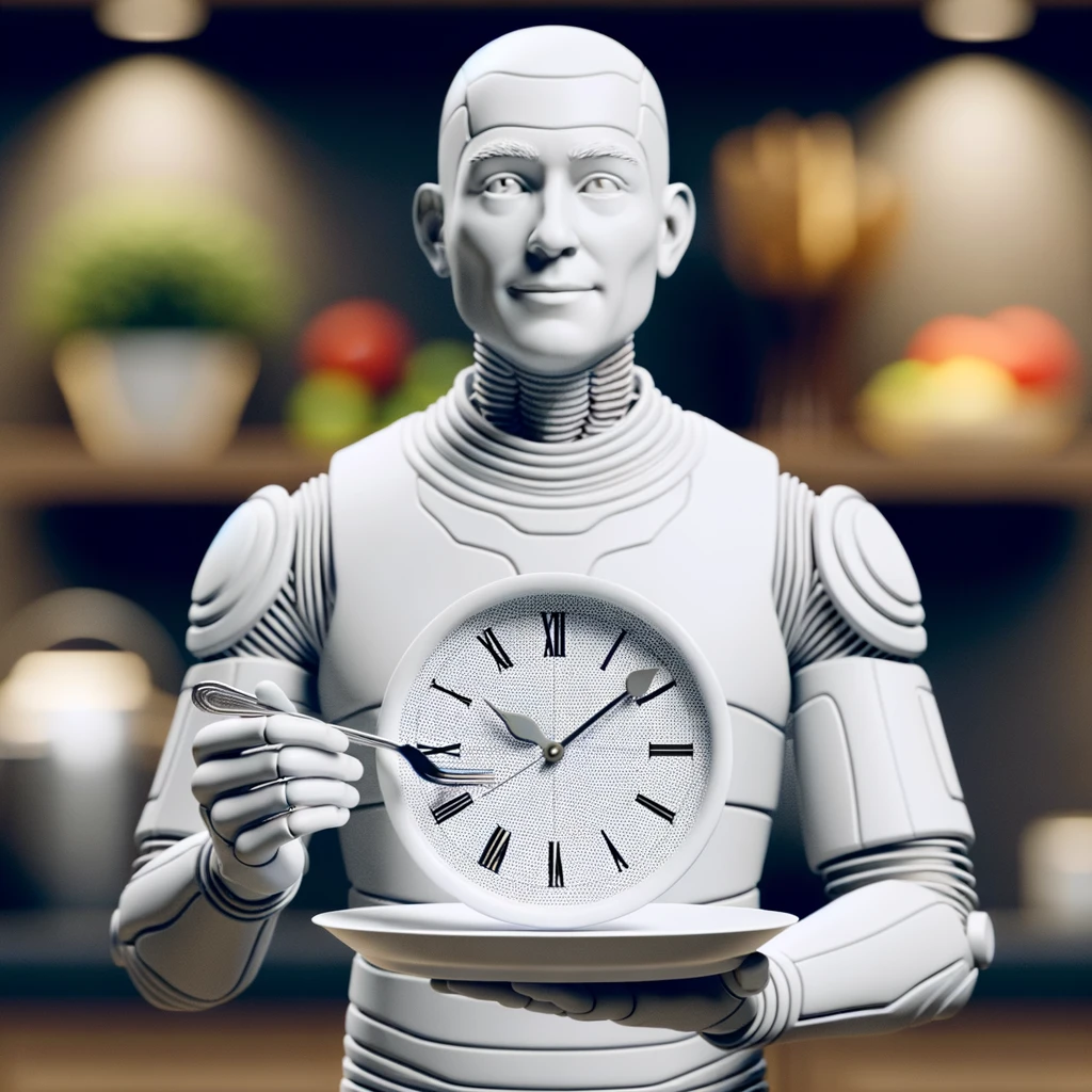 corpo umano anatomico, che tiene in mano un piatto bianco con la lancette di un orologio sopra, figura visibile fino ai fianchi, espressione del volto soddisfatta, sullo sfondo la sua cucina sfocata, iperrealistico 4k emoji