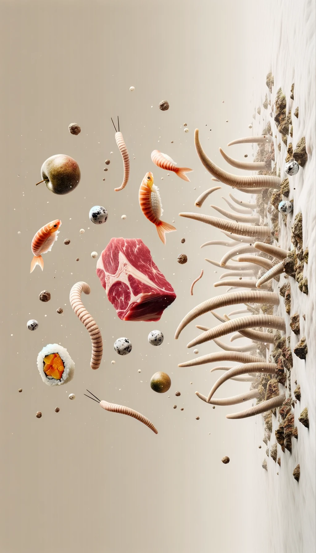 carne cruda fluttua insieme a sushi, intorno a loro fluttuano vermi lunghi e beige chiaro, sfondo neutro chiaro, iperrealistico 4k emoji