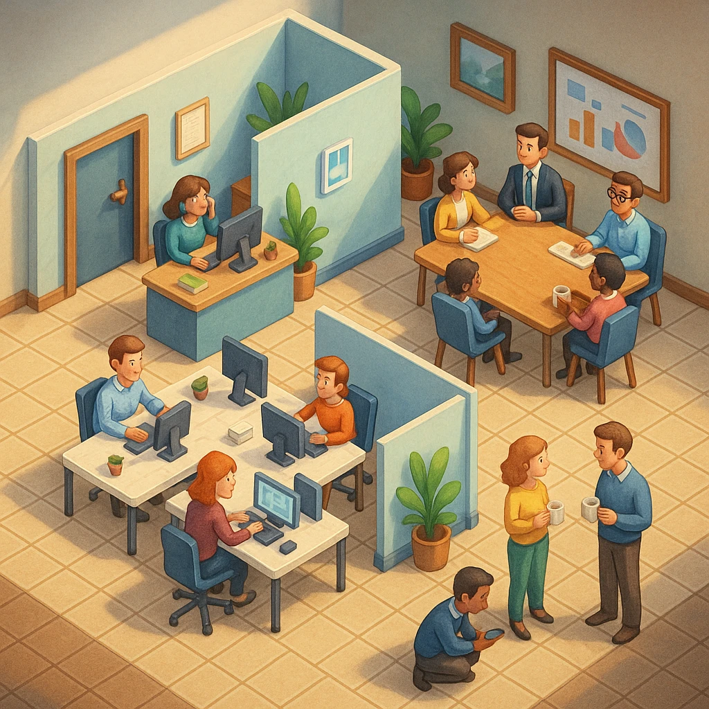 В слегка рисованном, но при этом ярком и объемном стиле - четкую, изометрическую 3D-сцену в мультяшном стиле с видом сверху под углом 45°, изображающую офис кабинетами, open space и другими характерными местами. В офисе работают люди - кто-то говорит по телефону, работает за компьютером, другие пьют кофе, сидят на общем собрании, переговори. Используйте мягкие, изысканные текстуры с реалистичными PBR-материалами и мягким, реалистичным освещением и тенями, не обрезать картинку краями кадра emoji