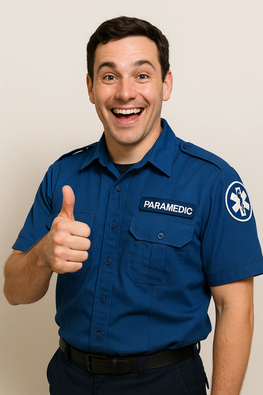 male paramedic in a blue uniform, giving a thumbs up, cheerful, simple background emoji