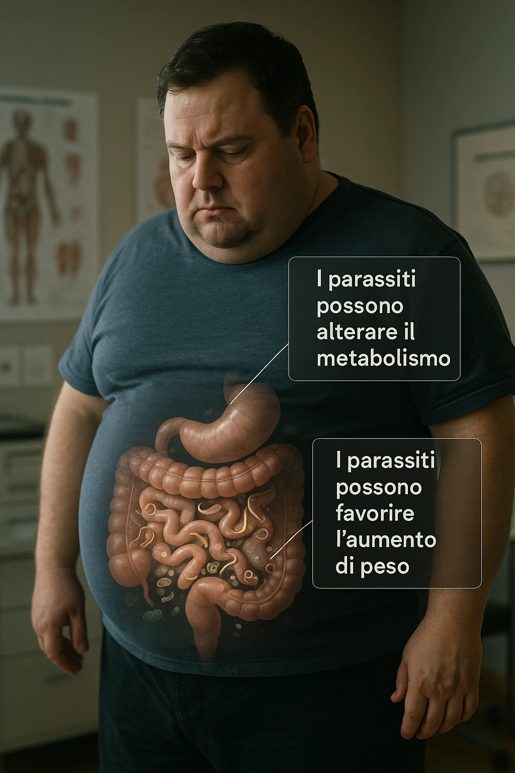 cinematic photo an overweight man is shown with a semi-transparent abdomen, highlighting the intestines filled with various types of parasites (such as worms or protozoa). Educational callouts explain how these parasites can disrupt metabolism and contribute to weight gain. The setting is a medical office, with charts and diagrams in the background. in italiano emoji